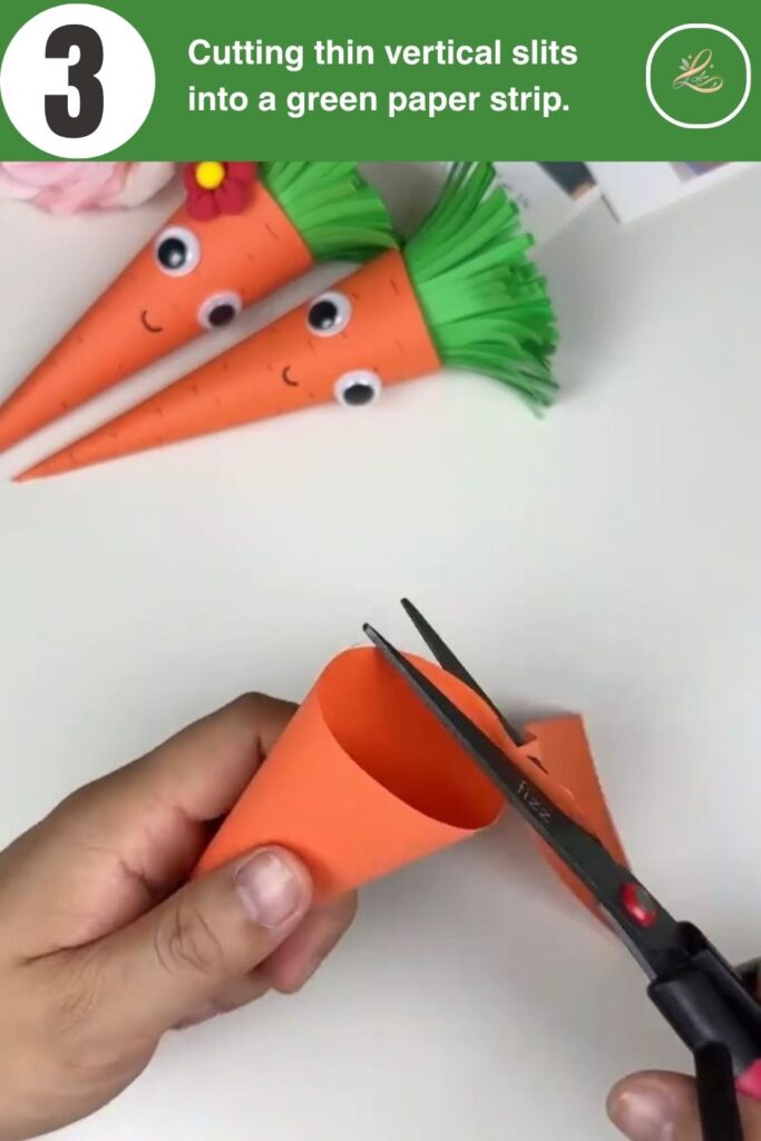 Cutting fringes into green cardstock to make carrot leaves.