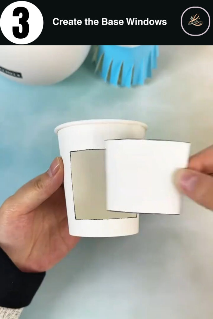 Magical Spinning Paper Princess Lantern Beginner DIY A white paper cup with a square window cut out of the side.