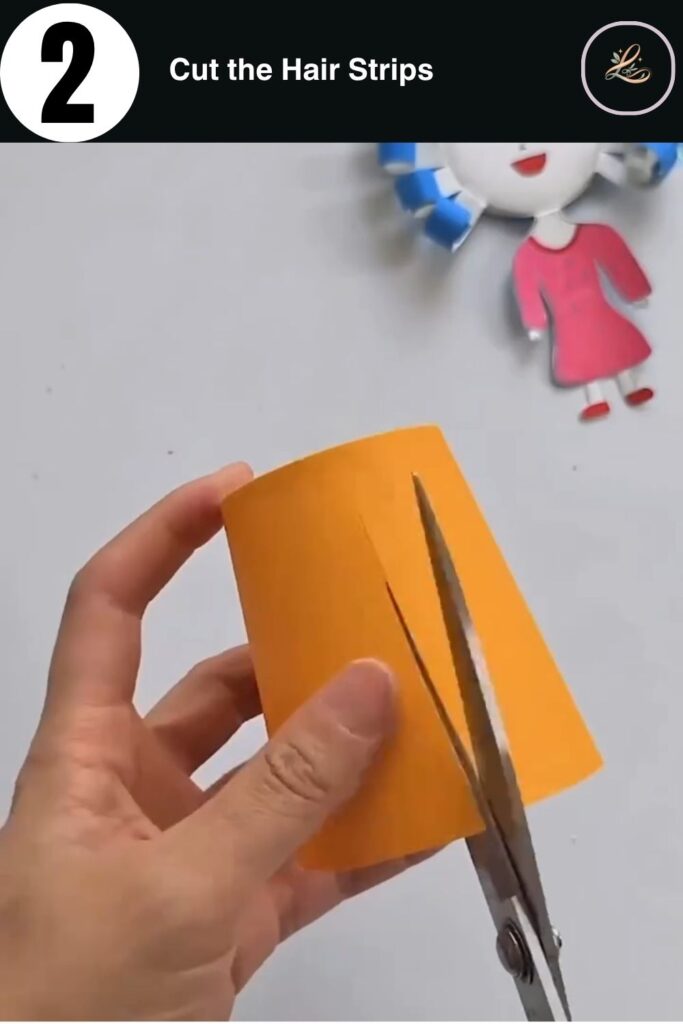 Adorable Paper Cup Doll Craft for Beginners Cutting even vertical lines into a yellow paper cup to make fringe for paper doll hair.