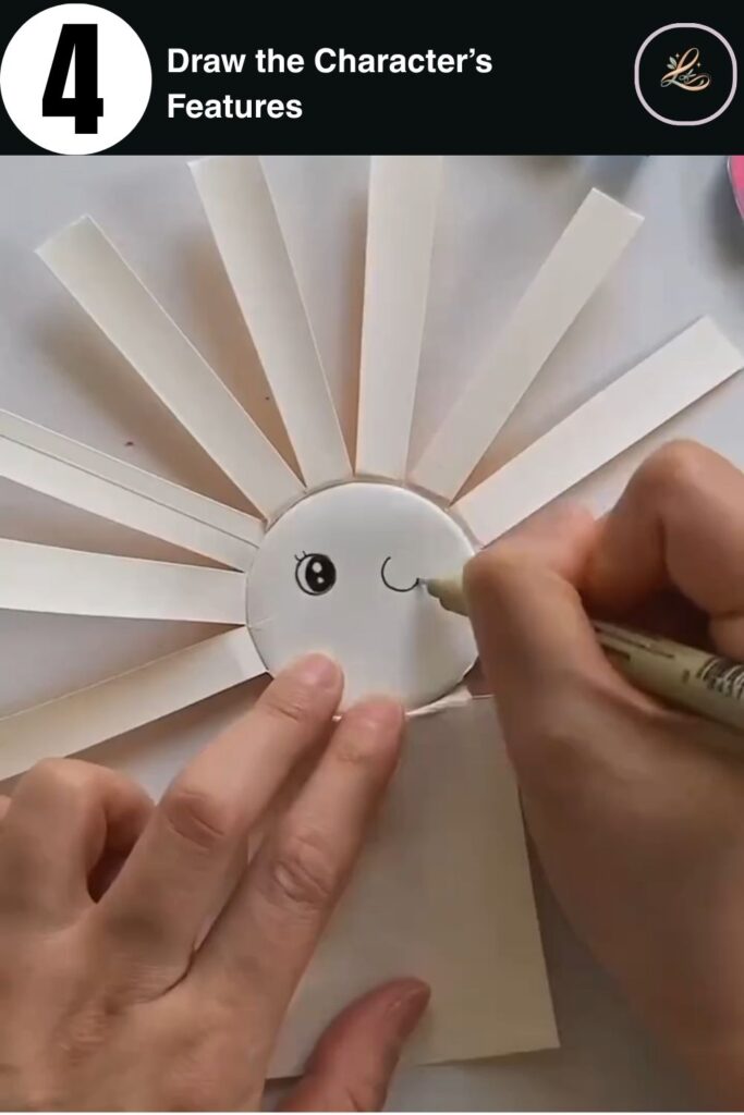 Adorable Paper Cup Doll Craft for Beginners Drawing cute eyes and a smile with a black marker onto a paper doll's face.