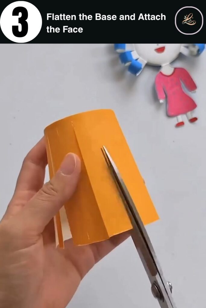 Adorable Paper Cup Doll Craft for Beginners Attaching a white cardstock circle to the center of a flattened, fanned-out paper cup.