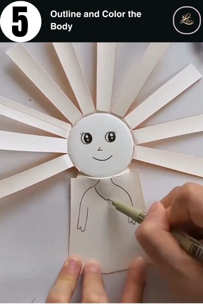 Adorable Paper Cup Doll Craft for Beginners Sketching a dress and body outline onto a paper cup strip below the doll's face.