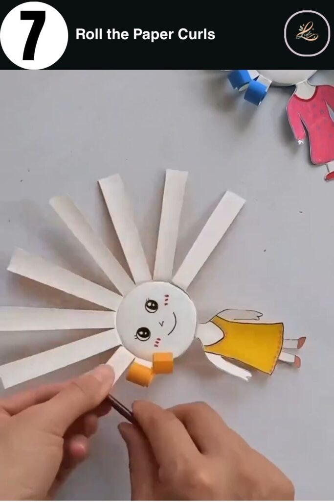 Adorable Paper Cup Doll Craft for Beginners Rolling strips of paper around a paint brush handle to create tight curls on a paper doll.