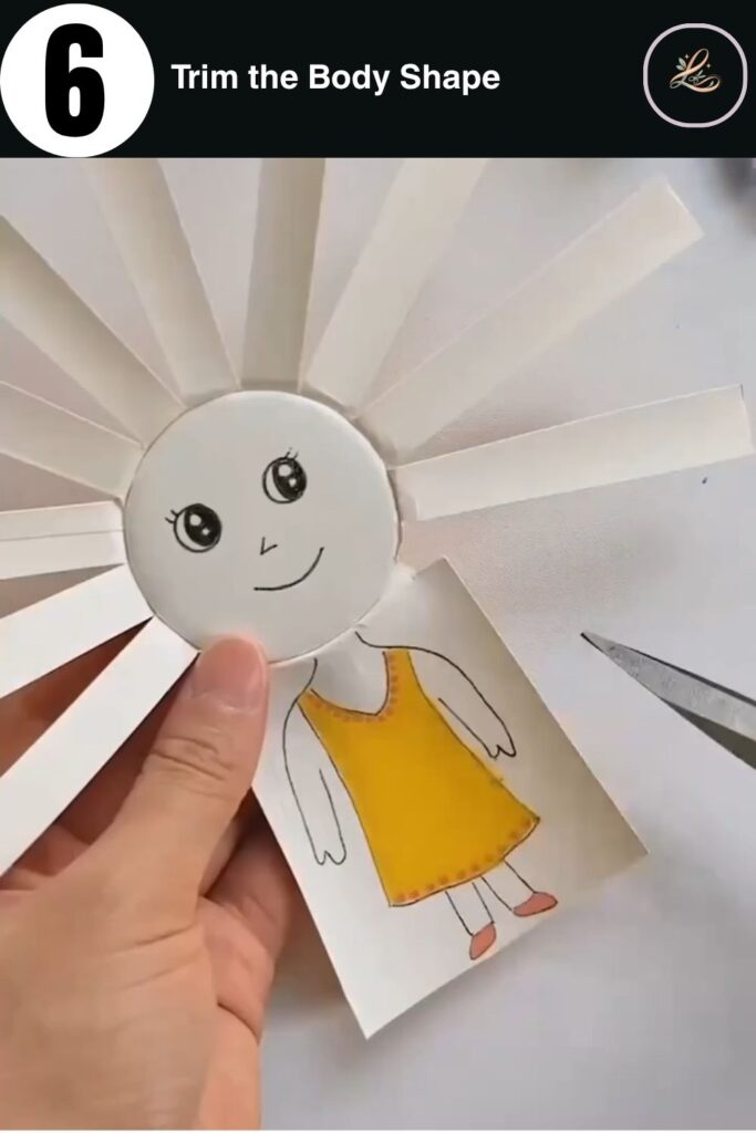 Adorable Paper Cup Doll Craft for Beginners Trimming around the drawn dress and legs of the paper doll with scissors.