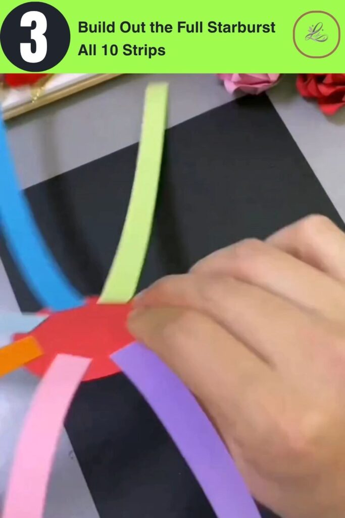 Fun Rainbow Woven Paper Pencil Holder DIY (#1) Overhead view of 10 colorful paper strips radiating out from a red center disc in a full starburst base layout for a DIY rainbow woven paper pencil holder