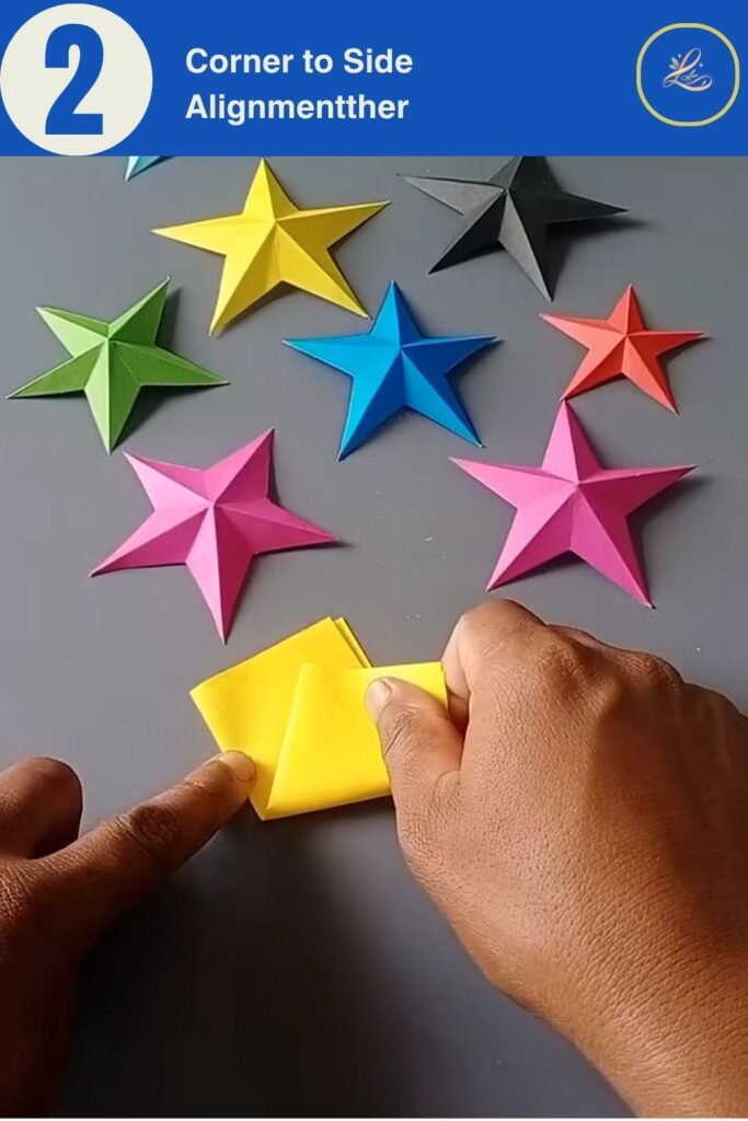 Creating a diagonal guide crease by aligning the corner of the folded paper.