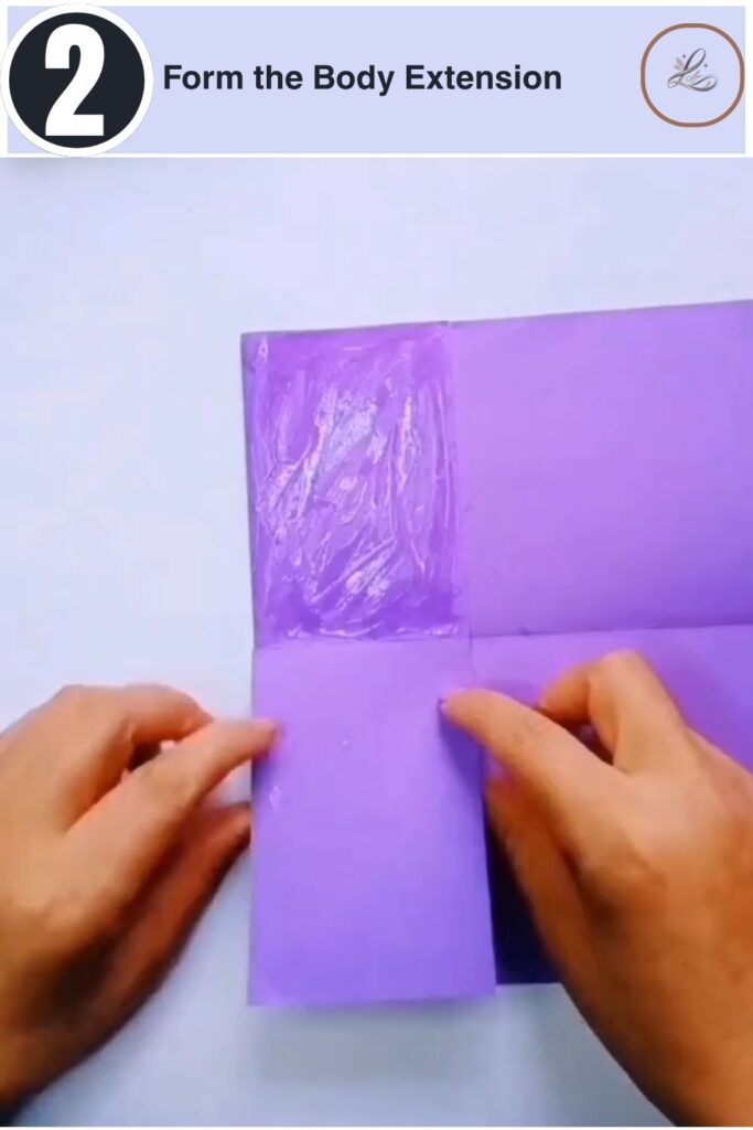 Colorful Paper Peacock Craft Anyone Can Make Applying liquid craft glue to a section of a folded purple paper sheet.