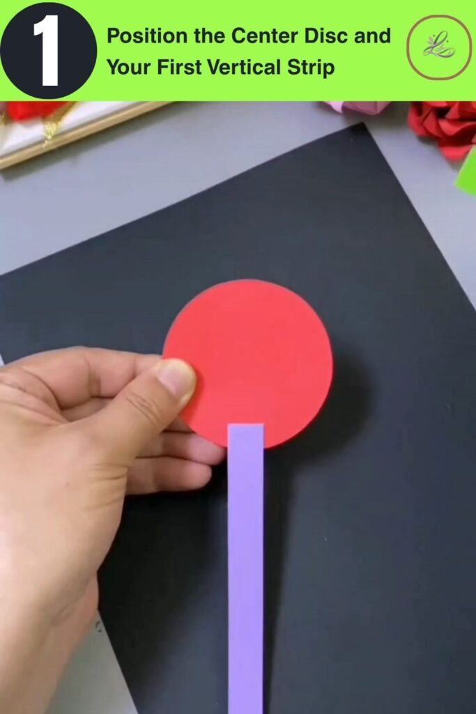 Fun Rainbow Woven Paper Pencil Holder DIY (#1) Hands holding a red circular paper disc with a purple paper strip threaded vertically through it first step of making a DIY woven paper pencil holder