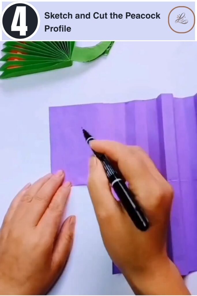 Colorful Paper Peacock Craft Anyone Can Make Cutting out the silhouette of a peacock head from purple paper.