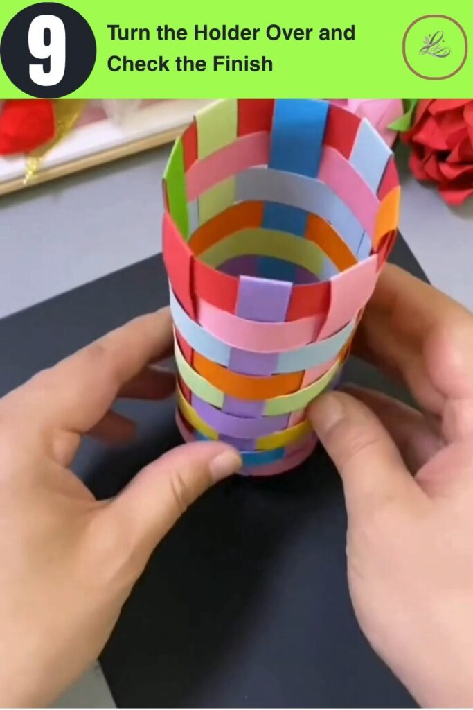 Fun Rainbow Woven Paper Pencil Holder DIY (#1) Top-down view of finished DIY rainbow woven paper pencil holder showing the clean open rim and colorful basket-weave interior