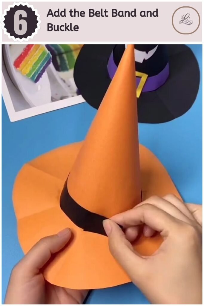 Adorable Halloween Paper Hat Craft for Beginners Black belt band with purple buckle added to a paper witch hat craft