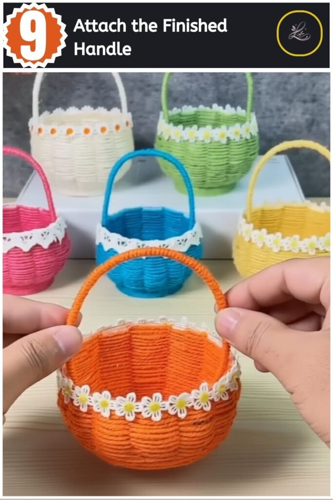 Finished orange woven mini basket with a handle and floral trim sitting next to other colourful baskets.