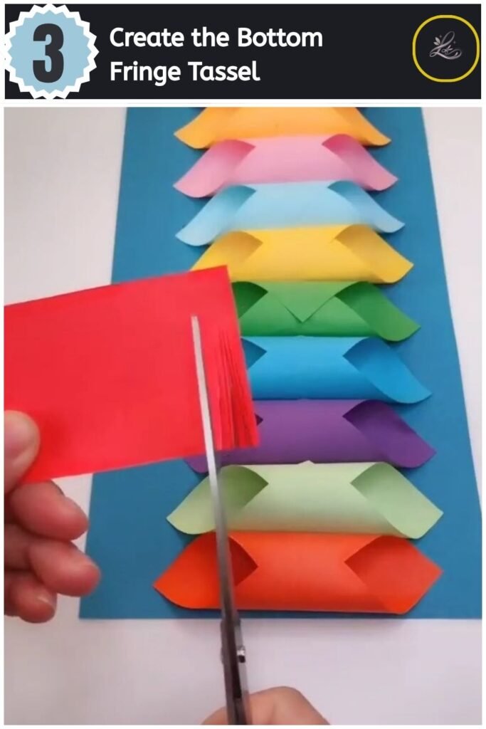 Beautiful Handmade Paper Lantern Craft Cutting fine fringe lines into a red piece of paper with craft scissors.