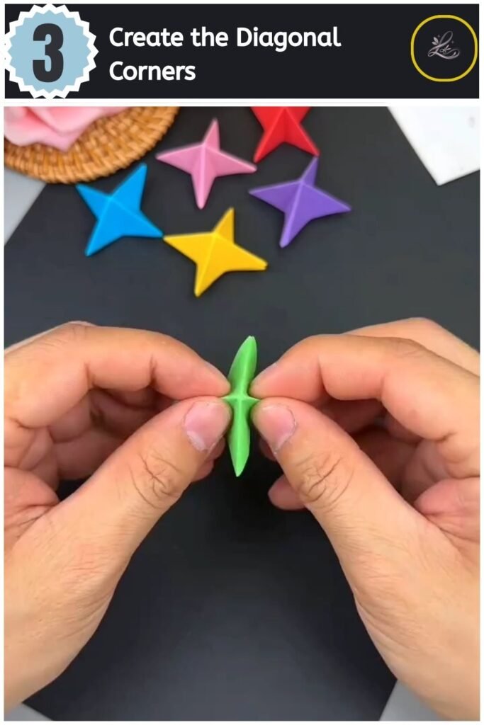 Creating diagonal triangular folds on both sides of a green craft paper strip.