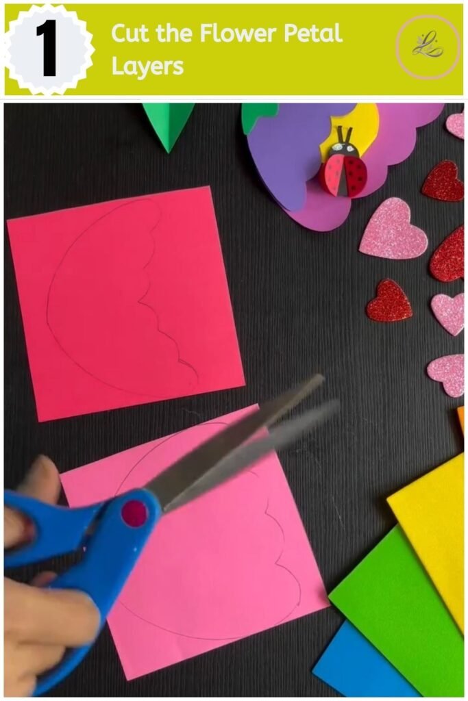 Make Sweet DIY Flower Greeting Card for Loved Ones Purple and pink scalloped craft foam flower petals cut for a DIY flower greeting card