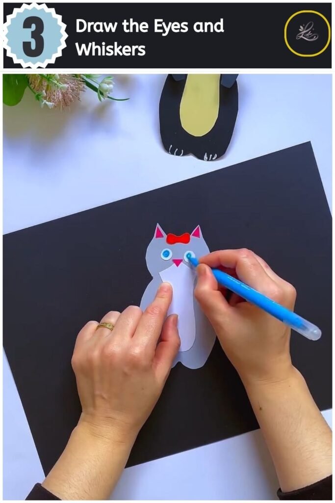 Cute Paper Cat Peekaboo Toy Step by Step Drawing eyes and whiskers onto a grey paper cat face.