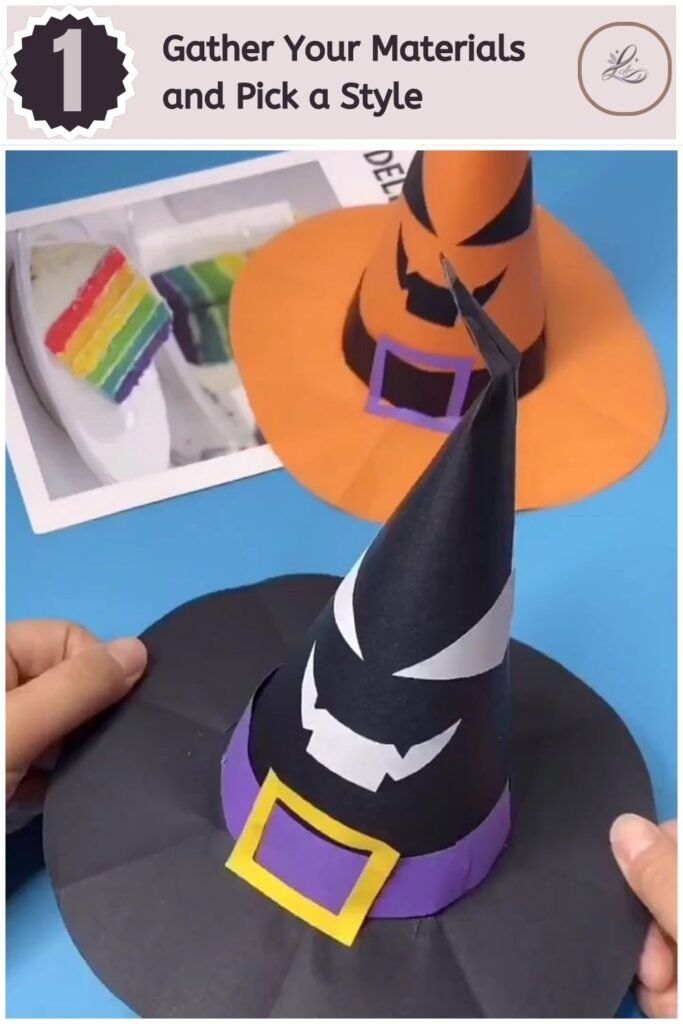 Adorable Halloween Paper Hat Craft for Beginners Orange, black, and purple cardstock laid out for a Halloween paper hat craft