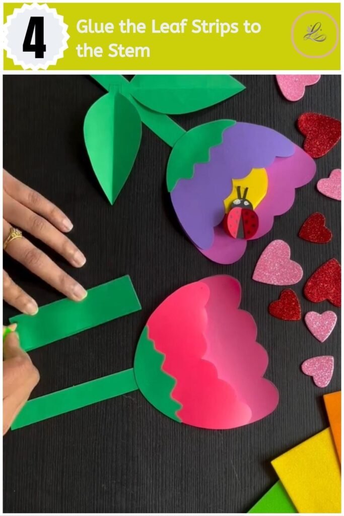 Make Sweet DIY Flower Greeting Card for Loved Ones Gluing green foam leaves to the stem of a DIY flower card