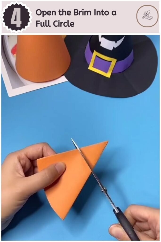 Adorable Halloween Paper Hat Craft for Beginners Scalloped paper brim opened flat for a Halloween witch hat craft