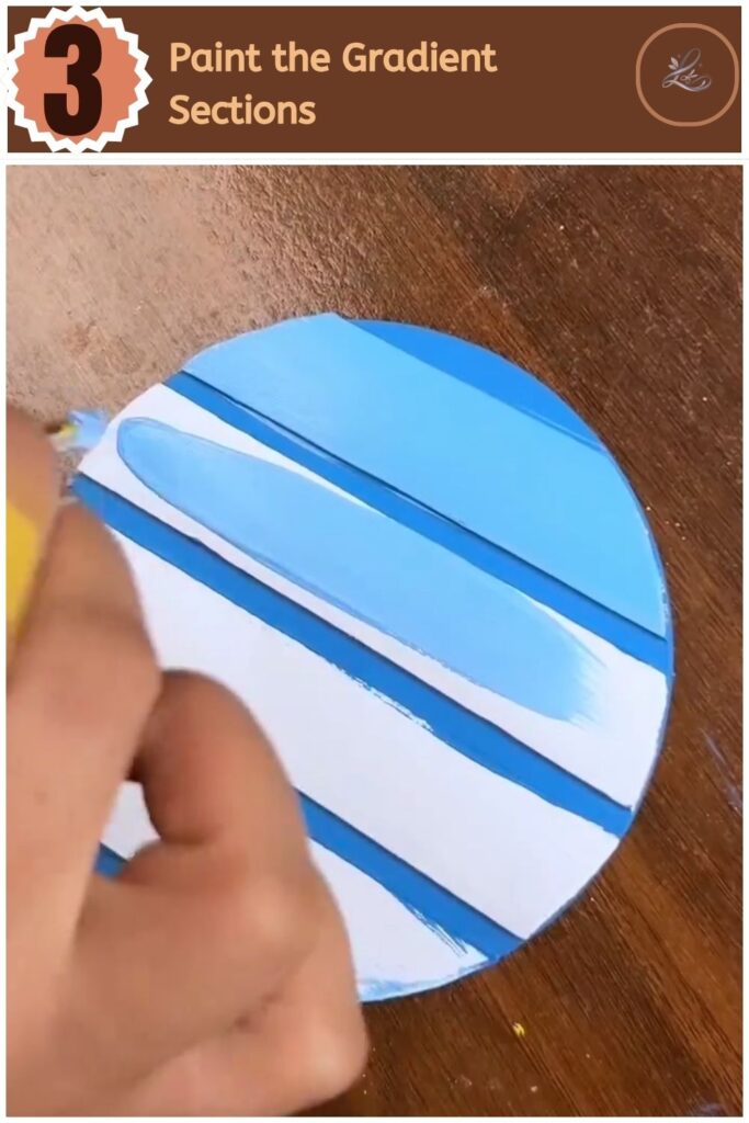 Cute DIY Inspirational Wall Hanging Anyone Can Make Painting different shades of blue acrylic paint onto horizontal wooden craft panels.