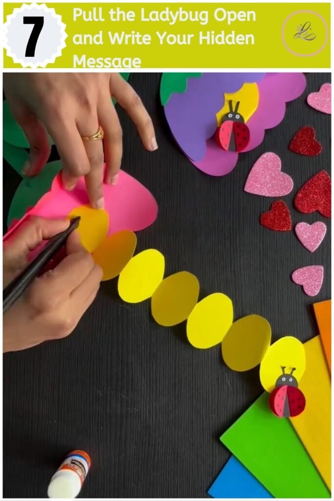 Make Sweet DIY Flower Greeting Card for Loved Ones Pulling the ladybug tab to reveal a hidden handwritten message inside a foam flower card