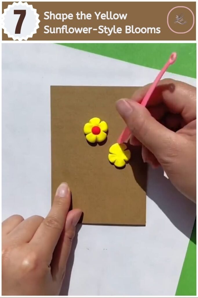 Beautiful Air Dry Clay Flower Wall Decor for Beginners Shaping a yellow air dry clay sunflower for a DIY wall hanging tag