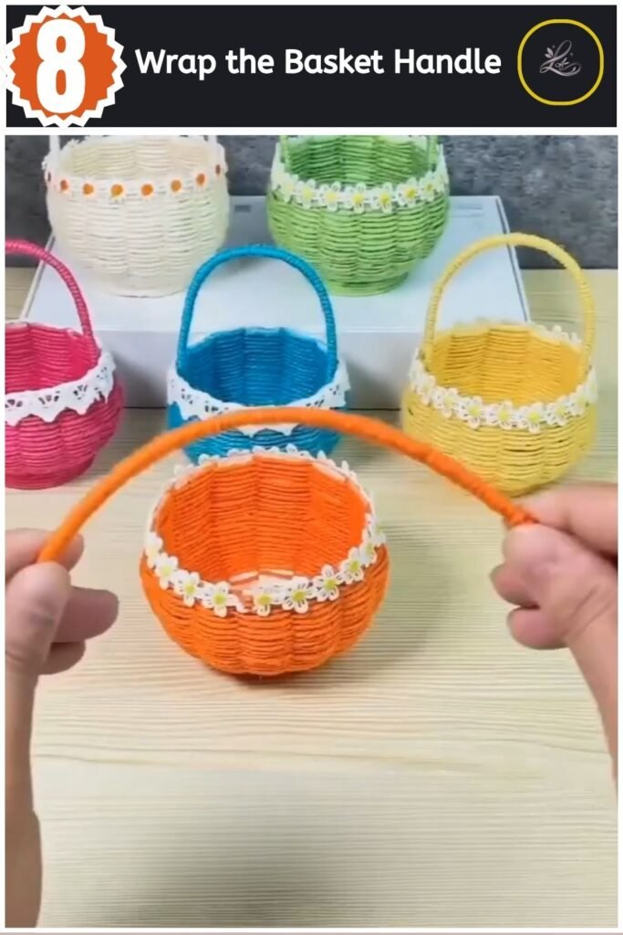 Wrapping orange yarn smoothly around a stick to construct a matching basket handle.