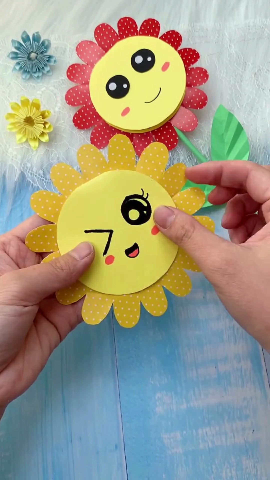 Easy DIY Paper Sunflower Card (With Surprise Flip Message!) Pasting yellow face circle to center of sunflower petals
